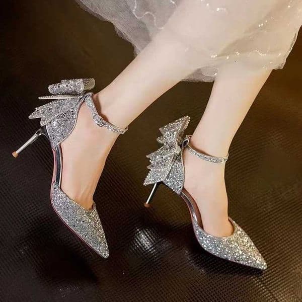 New crystal diamond silver bow high heels womens stiletto bridesmaids French wedding shoes women H260506