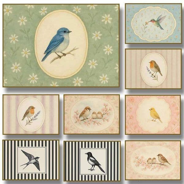 Vintage Robin Bird Hummingbird & Flower Poster Canvas Painting Print Wall Art for Cottagecore Nursery Home Decor Cuadros 26L0505
