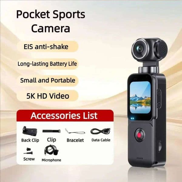 5K HD Pocket Action Camera 1.69-inch LCD Display Screen 270 Rotatable Wifi Vlog Recorder with ELS Anti-Shake for Bicycle Travel 26H0506