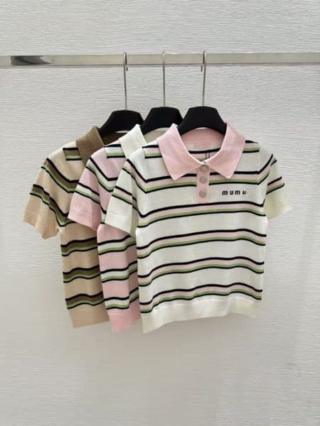 European goods luxury 2026 lapel summer knitting new short-sleeved sweater striped fashion Joker top women's fashion tide S--XXL
