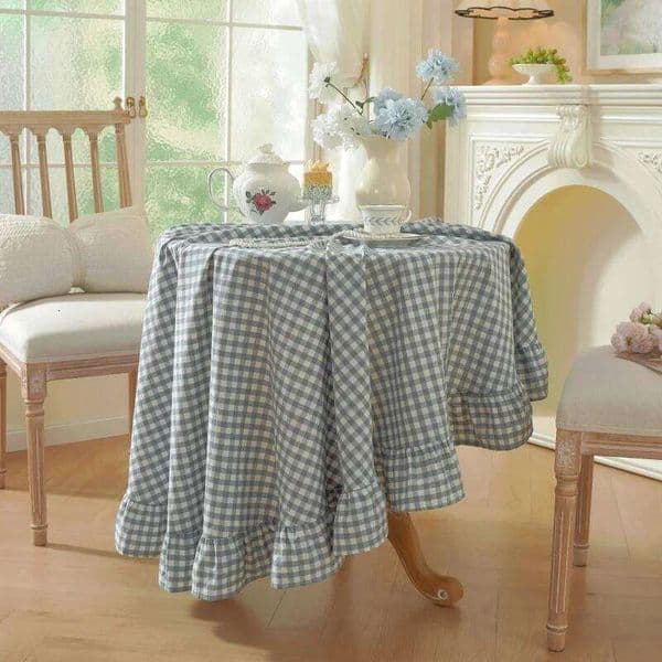 Washed Cotton Plaid Tablecloth with Ruffle Edges Blue Round and Rectangular Table Cloth Cover for Home Kitchen Dining Decor 26Y0506