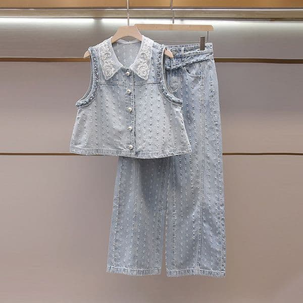 High-End Women's Fashion Summer New Lace Sleeveless Vest Top + Wide-Leg Long Denim Suit for Women
