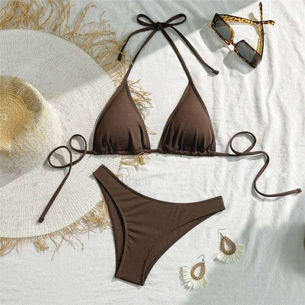 2026New Brown String Halter Triangle Bikini Ribbed Solid Swimwears Sexy Swimsuit Women Padded Bikinis Sets Bathing Swimming Suit 26H0506
