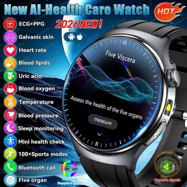 2026New AI-Diagnosis Care ECG+PPG Accurate Uric Acid Blood Pressure Body Fat Five organ Fitness Waterproof Smartwatch 26L0506