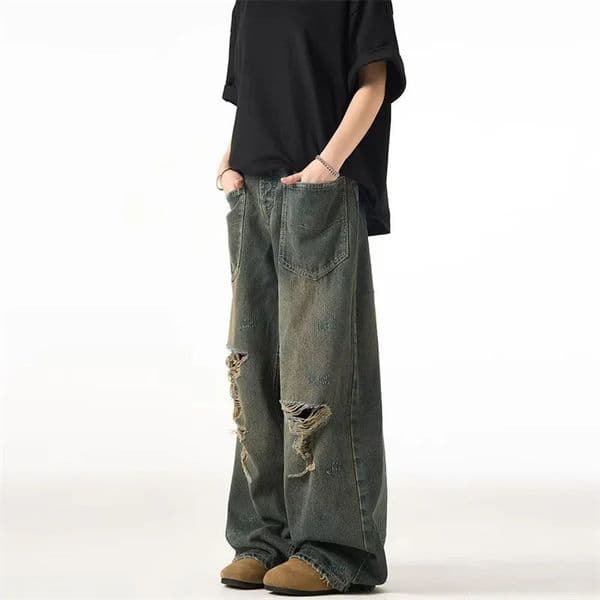 Spring American Retro Ripped Wide-leg Jeans For Men High Street Fashion Distressed Baggy Denim Pants Casual Y2K Jean 260506