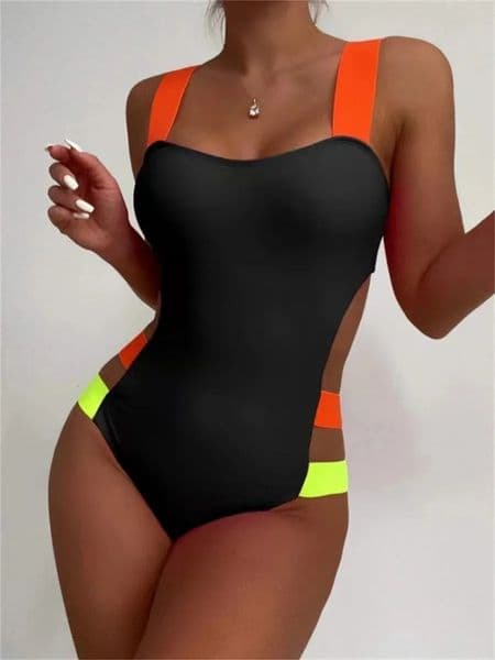 Sexy Black Contrast One Piece Swimsuit Women Neon Strap Hollow Out Backless Monokini Summer Bathing Suit Patchwork Swimwear 260430