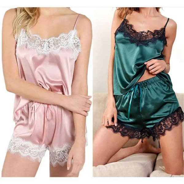 Fashionable Sexy Imitation Silk Lace Pajama Set Women Comfortable Sleeveless Suspender Pajama Shorts Nightwear S260506