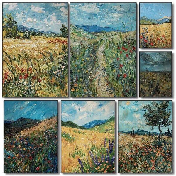 Wildflower Flower Field Oil Painting Posters Vintage Country Spring Landscape Prints Canvas Wall Art Pictures Home Room Decor 26L0505