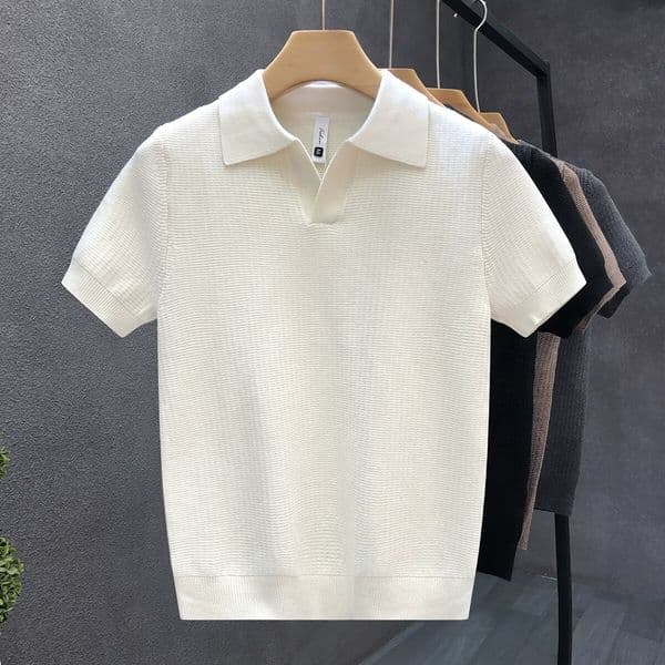 Men's Summer Anti-Wrinkle Cotton Blend V-neck Short-Sleeve Top New Design Knitted T-Shirt with Cool Breathability Comfortable