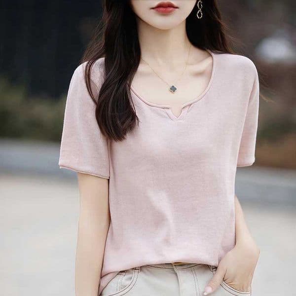 Summer 100 Pure Cotton Knitted Short-Slve T-Shirt For Women Stylish Rolled Edge Round Neck Simple And Versatile Base Top L260505