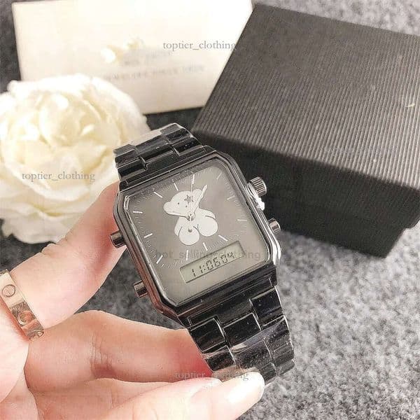 Hot Sale Women Men Silver Gold Stainless Steel Bear Electronic Watch Black Pink Red Square Bracelets Pulsera Span Jewelry A 132