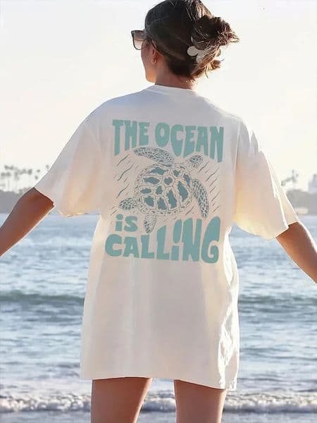 Cute Turtle Letter Printed T-shirt Summer Short Sleeved Round Neck Casual Top Pure Cotton Womens Fashion Clothing 260506