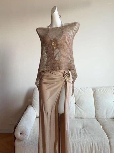 Champagne Color One-Piece Long Dress Vacation Beach Island Spring Swimming Suit Sexy Deep V High Quality Nylon Sportswear