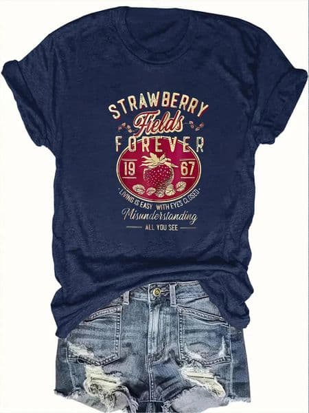 Harajuku Strawberry Fields Forever Letter Print Women T Shirt Short Sleeve Crew Neck Summer Casual Top for Women Clothes Shirts 260506