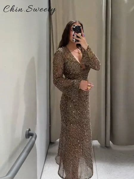 Sexy Sequined Long Pleated Dress Women Solid Deep V-neck Full Sleeve See Through Dresses 2025 Summer Lady Party Evening Robe 260506