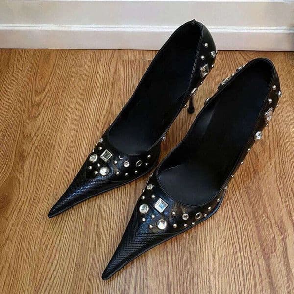 European And American Hot Girl Style Pointed Toe High Heeled Shoes For Women Spring Punk Studded Rhinestone Closed Toe Mules Excluding Tax