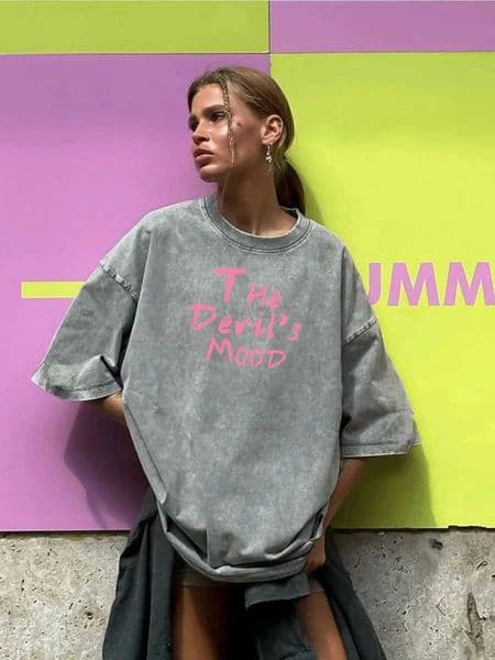 Fashion Womans Cotton Washed T-shirts The Devils Moon Letter Prints Tops Casual O-Neck Oversize Ts Strt Female Clothes L260505