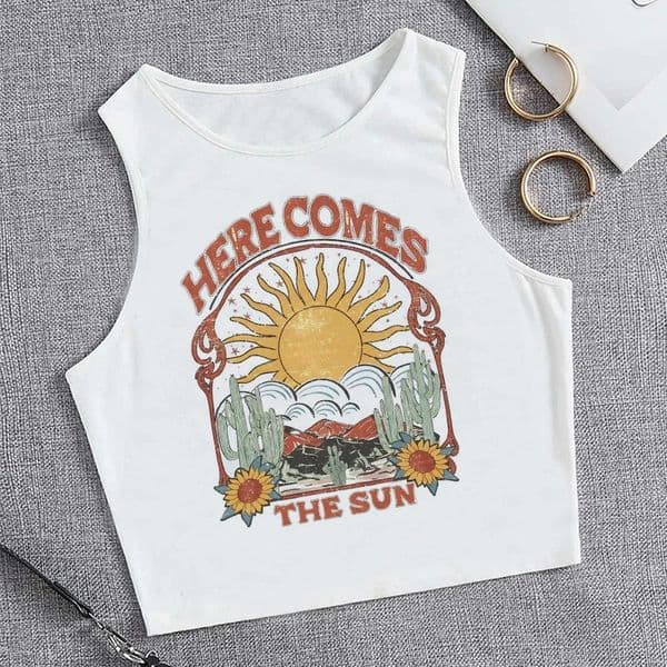 Cropped HERE COMES THE SUN Graphic Crop Tank Top Vest for Women Y2K Retro Geometric Sun Floral Print Sleeveless Casual 260429