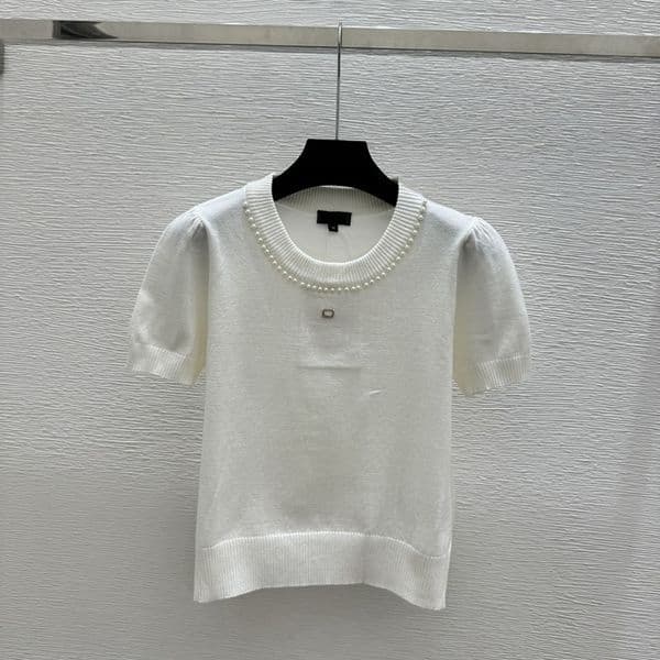 Luxury Women Elegant Knit Tee Pearl Trim Short Sleeve T Shirt Spring Summer Date Commuter Casual Top