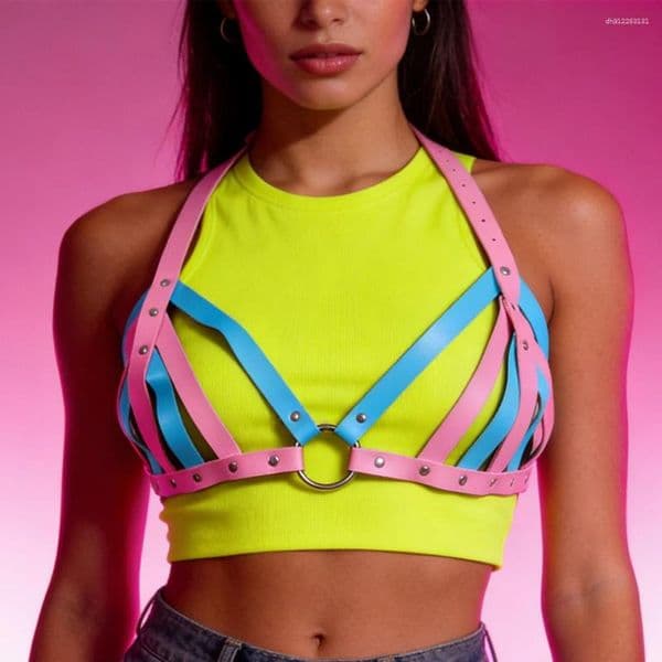Women's Tanks Edgy Punk Pink & Blue Color Block Faux Leather Cross Harness For Women Y2K Girl Street Style Waist Decor Party Outfit