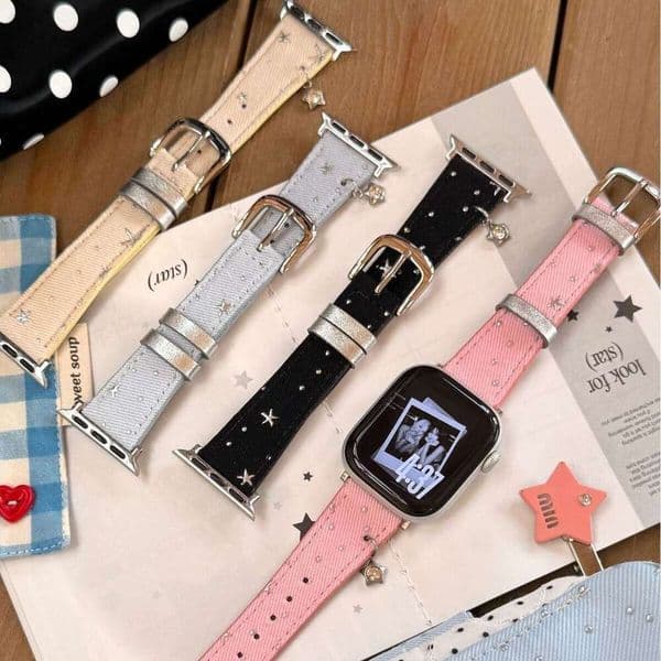 Dark Night Starry Sky Denim Leather Strap Suitable for Apple Watch iWatch 11th Generation 10/98 Ultra SE