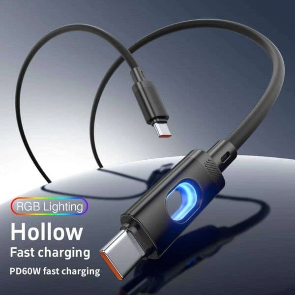 60W PD Fast Charging RGB Lighting USB Type C Cord High Speed Data Sync Charger Wire Cable For iPhone Xiaomi Samsung Huawei