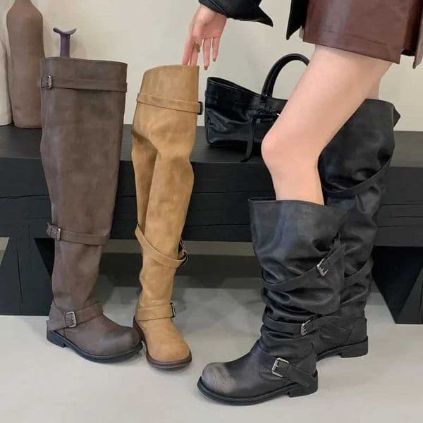 Winter Pleated Round Toe Women Over The Knee Boots Punk Designer Buckle Strap Square Low Heels Shoes Botas Mujer L260505