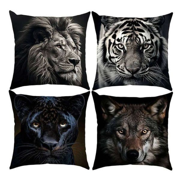 Four Animal Head Pillow Case: Lion, Tiger, Black Panther, and Wolf Sofa cushion cover home room decoration 2D flat printing 26W0506
