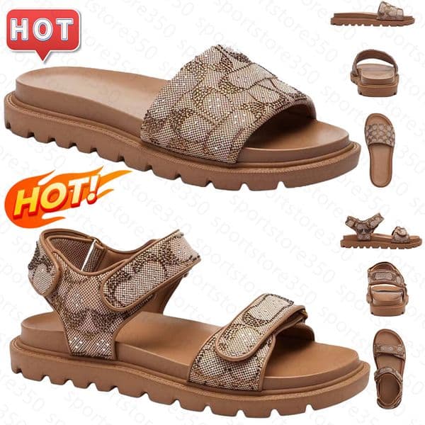 Designer Sandals Coacs Slides BRYNN SLIDE SANDAL Logo-Plaque Platform Sandals Luxury Womens Slides Sunmmer Beach Slide Fashion Ladies Brown Flat Casual Slippers