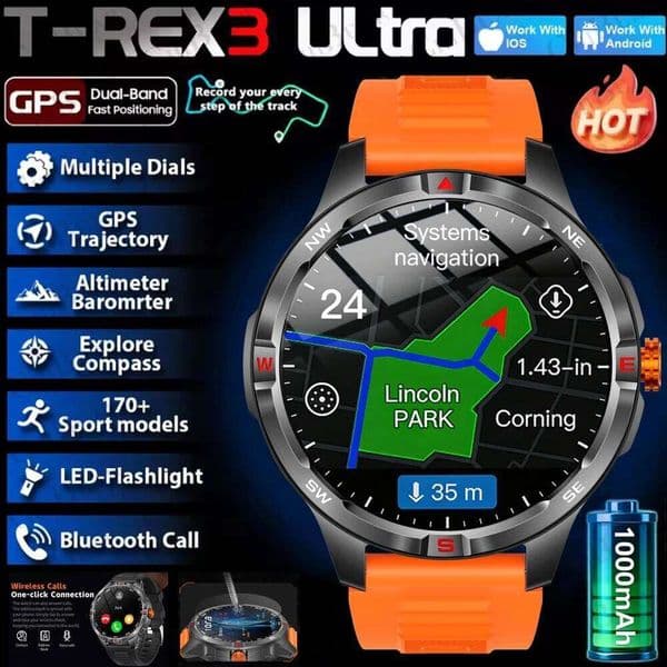 2025 Grade 1000mAh Battery Smart Watch 5ATM Waterproof GPS Compass BT Call AMOLED HD Men Sports Smartwatches Android 26L0506