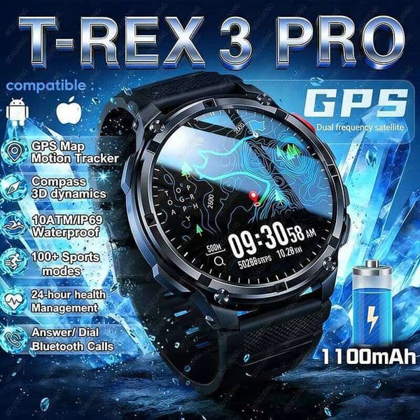 2026 New T-Rex3 Pro GPS Tracker Smartwatch Men 120-Day Standby 1100mAh Clock Rugged Outdoor Sport 10ATM Waterproof Call Watches 26Li0506