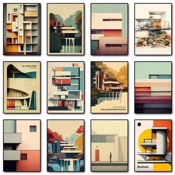 Minimalist Fallingwater House Bauhaus Classic Architecture Abstract Poster Canvas Painting Wall Art Pictures Living Home Decor 26L0505
