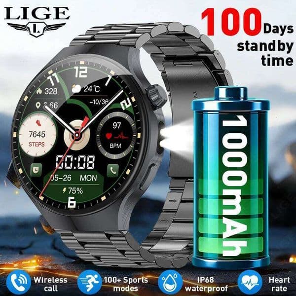 LIGE 2026 New 1000mAh Battery Smart Watch For Men Health Monitoring BT Call Flashlight Sport Fitness Smartwatch 26L0506
