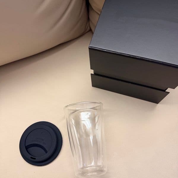 2026 Light Luxury Style Letter-Printed Double-Layer Glass Simple Black-Lid Coffee Cup, Office Water Cup Gift Box Free Shipping