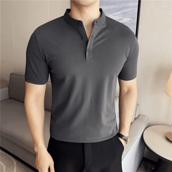 Men's Polos Men Short Sleeved Polo Shirt Summer Light Thin Henry Collar Basic Top Solid Casual Slim Fit T-shirt High-quality Clothing