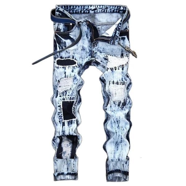 Mens Embroidered Patchwork Ripped Jeans without Belt Slim Fashion High Street Motorcycle Denim Pants Male Clothes 260429