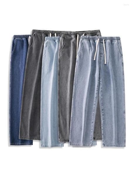 Men's Jeans Korean Solid Colors Casual Long Classic Male Four Seasons Straight Denim Wide-leg Pants Light Blue Grey Black S-3XL