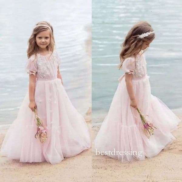 Designer Beaded Bohemia Wer Girl Dresses For Wedding With Short Sleeves 3D Appliqued Toddler Pageant Gowns Tulle Kids Communion Dress Bd56