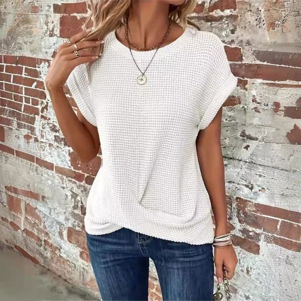 2026 European and American cross-border new solid color round neck T-shirt, elegant short-sleeve twisted top, spring/summer women's clothing