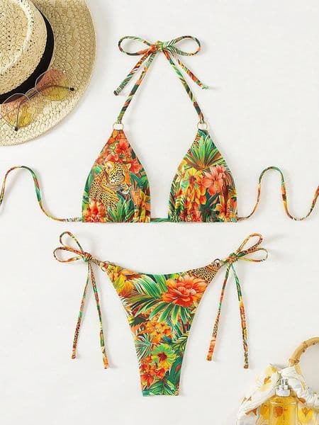 Tropical Print Bikini Set Women's 2 Piece Swimsuit Sexy Triangle Halter Backless Thong Swimwear Beach Vacation Wear 2025 New dongdumaoyi