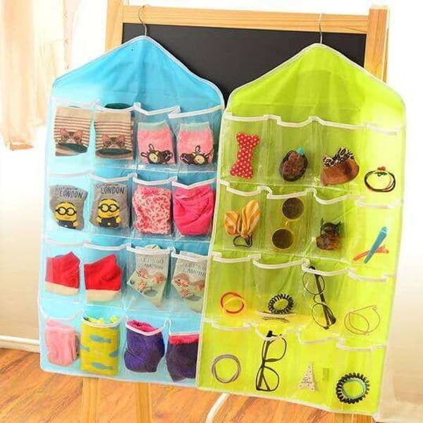 Hot 16-Grid Clear Hanging Storage Bag with Pockets:Ideal for Socks,Bras,Underwear,and Stationery.Space-Saving Hanger Organizer 26Y0506