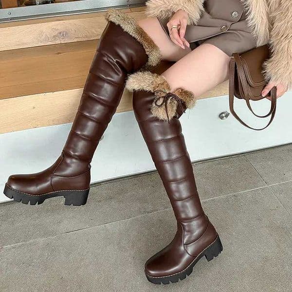 Waterproof Cold Winter Russia Female Warm Shoes Platform Chunky Heels Plush Over-the-knee Snow Boots with Real Rabbit Fur Pom L260505