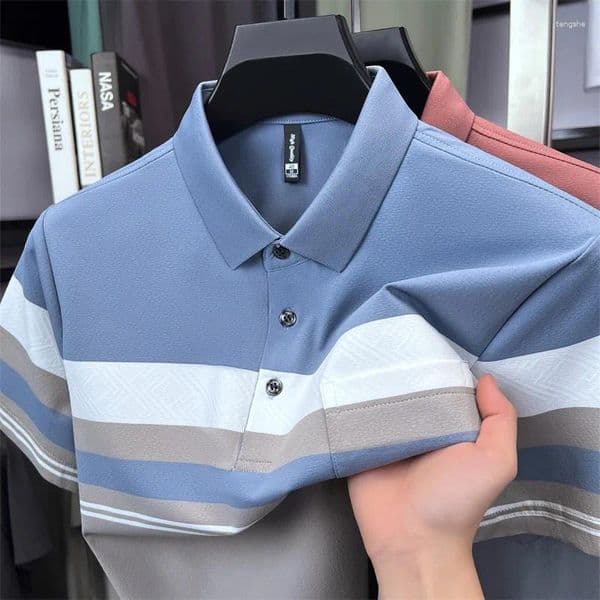 Men's Polos Light Luxury Striped Short Sleeve Polo Shirt High-quality Summer Breathable Fashion Comfort Pocket Design Casual T-shirt