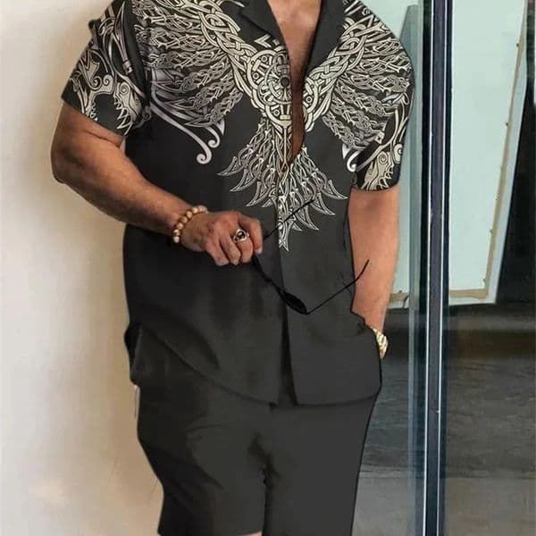 Summer Baroque Mens Shirt Set Mens Hawaii Vacation Short Sleeve Shirts Suits Drawstring Shorts 2 Pcs Party Clothes 260429