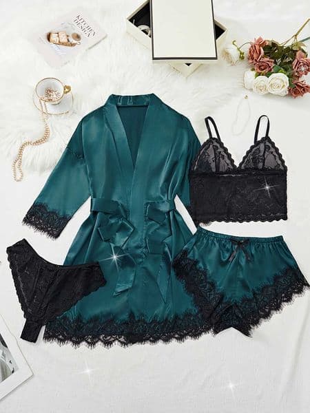 New Fashion Robe Lingerie Set Black Lace Bralette Thong Shorts Womens Luxury Sleepwear Nightwear Elegant Sexy Gift Bridal S260506
