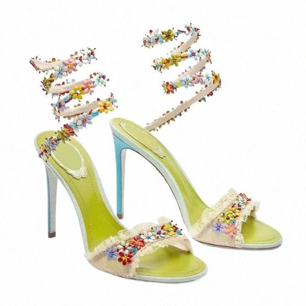 cleo Floral Lace Satin Sandals Snake Stiletto Heel shoes Luxury designer women evening shoes Elegant wedding shoes Slip on high heel sandals 34-43 Bri s5K6#