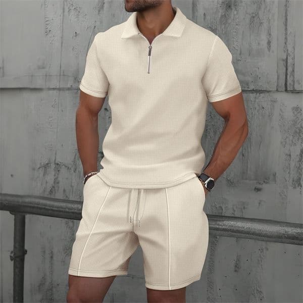Men Europe and the United States summer Waffle solid color zip-up lapel short-sleeve suit shorts two sets 260506