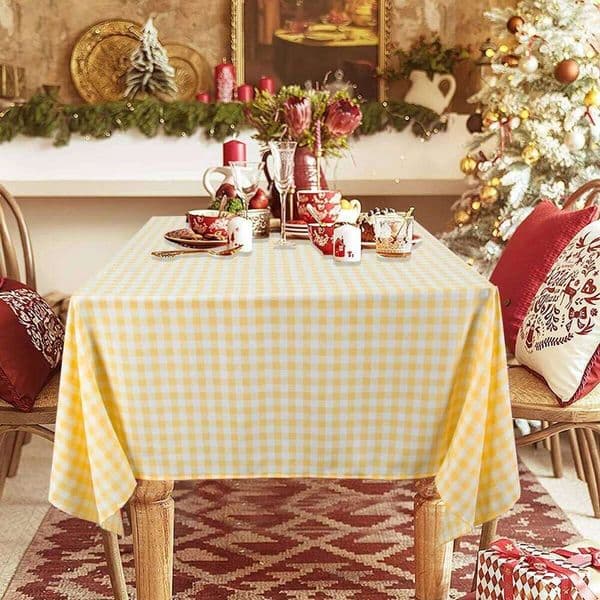 Yellow white checkered warm comfortable multi size tablecloth suitable for outdoor home party tablecloths 26Y0506