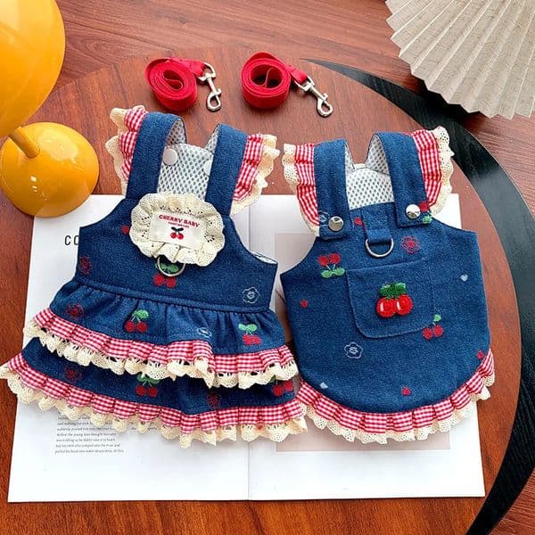 Spring Summer Pet Dog Skirt Denim Cherry Couples Suspender Dress Cat Clothing Accessories For Teddy Bichon Puppy Clothes Supply 260506