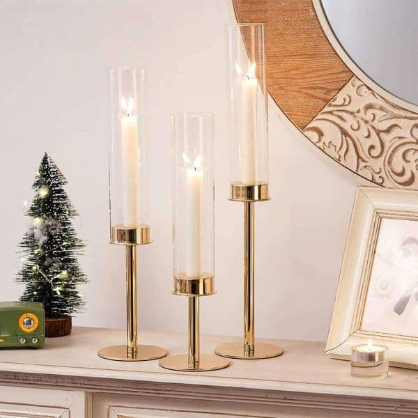 3-Pack Gold Silver Hurricane Candle Holders Removable Glass Shade Weighted Base Taper Candlestick Stands for Wedding Party Decor 26W0507